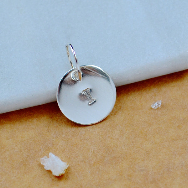 LETTER CHARM, capital I initial charms, handmade alphabet circle charm, I letter pendant, simple jewelry, delicate handmade charms, nickel-free jewelry, silver letter charm