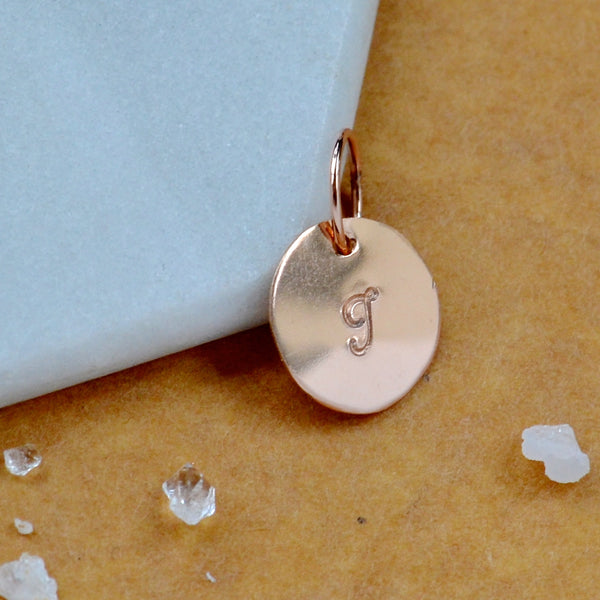 LETTER CHARM, capital J initial charms, handmade alphabet circle charm, cursive J letter pendant, simple jewelry, delicate handmade charm jewelry, nickel-free charms, rose gold letter charm