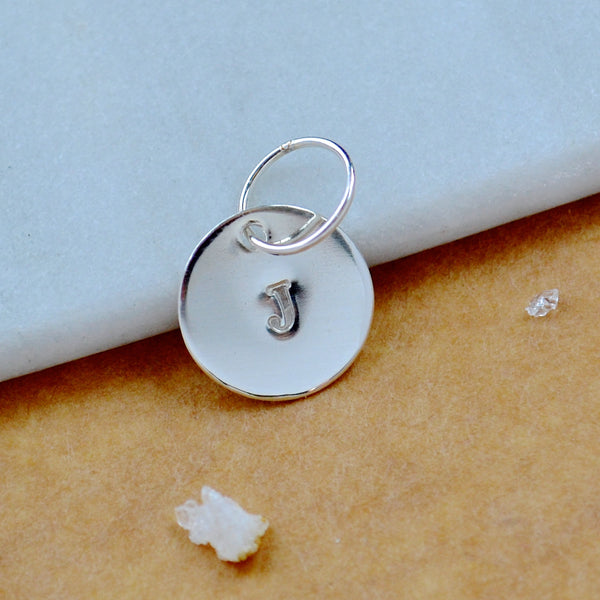 LETTER CHARM, capital J initial charms, handmade alphabet circle charm, J letter pendant, simple jewelry, delicate handmade charms, nickel-free jewelry, silver letter charm