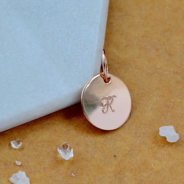 LETTER CHARM, capital K initial charms, handmade alphabet circle charm, cursive K letter pendant, simple jewelry, delicate handmade charm jewelry, nickel-free charms, rose gold letter charm