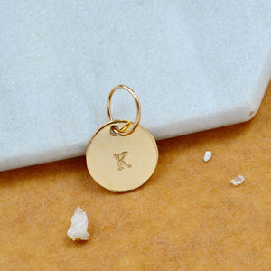 LETTER CHARM, capital K initial charms, handmade alphabet circle charm, K letter pendant, simple jewelry, delicate handmade charms, nickel-free jewelry, gold letter charm