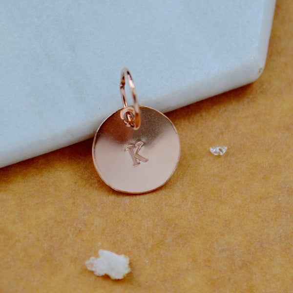 LETTER CHARM, capital K initial charms, handmade alphabet circle charm, K letter pendant, simple jewelry, delicate handmade charms, nickel-free jewelry, rose gold letter charm
