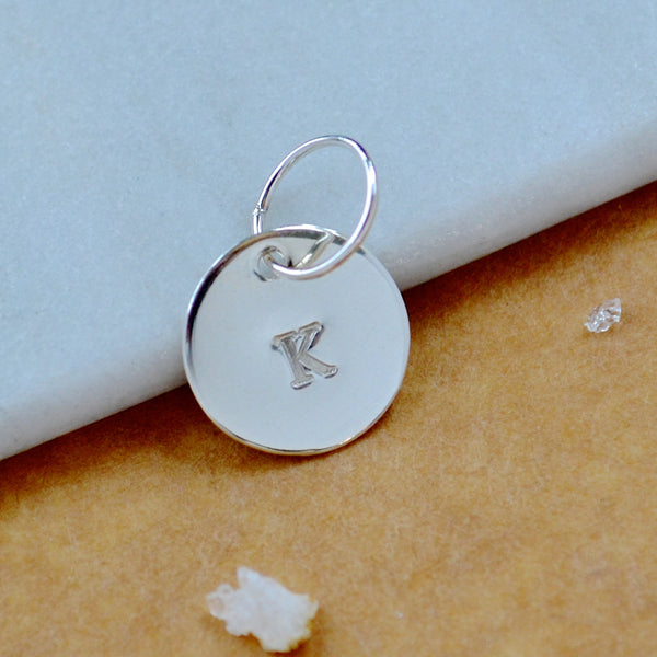 LETTER CHARM, capital K initial charms, handmade alphabet circle charm, K letter pendant, simple jewelry, delicate handmade charms, nickel-free jewelry, silver letter charm