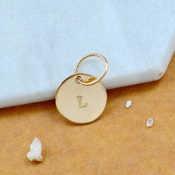 LETTER CHARM, capital L initial charms, handmade alphabet circle charm, L letter pendant, simple jewelry, delicate handmade charms, nickel-free jewelry, gold letter charm