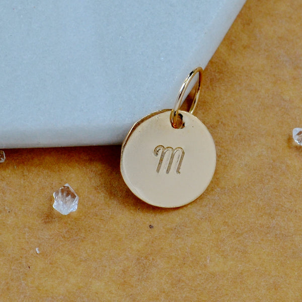 LETTER CHARM, capital M initial charms, handmade alphabet circle charm, cursive M letter pendant, simple jewelry, delicate handmade charm jewelry, nickel-free charms, gold letter charm