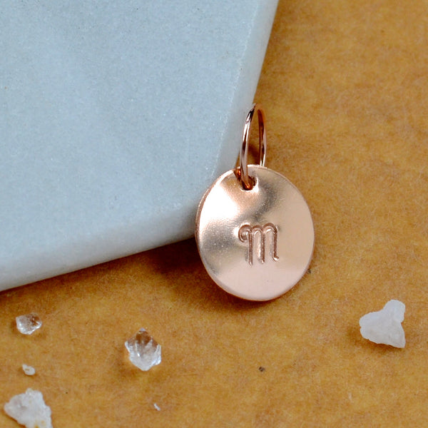 LETTER CHARM, capital M initial charms, handmade alphabet circle charm, cursive M letter pendant, simple jewelry, delicate handmade charm jewelry, nickel-free charms, rose gold letter charm