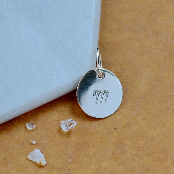 LETTER CHARM, capital M initial charms, handmade alphabet circle charm, cursive M letter pendant, simple jewelry, delicate handmade charm jewelry, nickel-free charms, silver letter charm