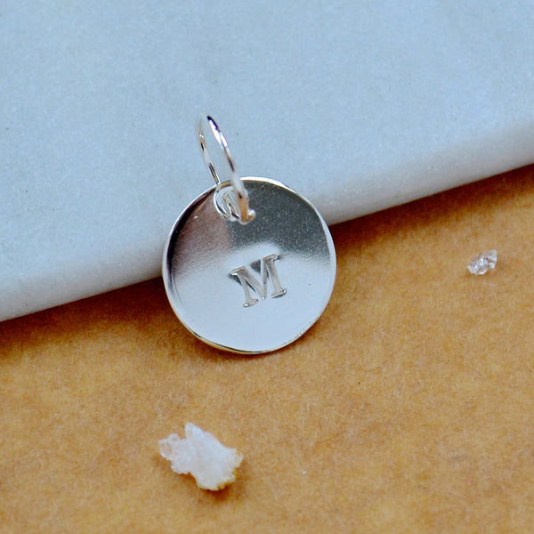 LETTER CHARM, capital M initial charms, handmade alphabet circle charm, M letter pendant, simple jewelry, delicate handmade charms, nickel-free jewelry, silver letter charm