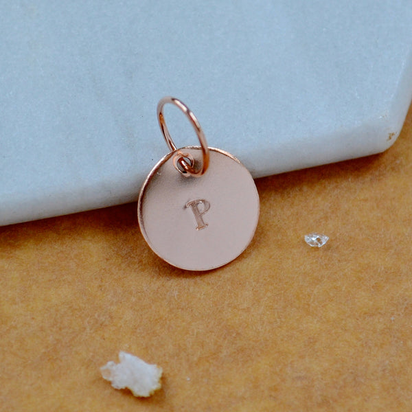 LETTER CHARM, capital P initial charms, handmade alphabet circle charm, P letter pendant, simple jewelry, delicate handmade charms, nickel-free jewelry, rose gold letter charm