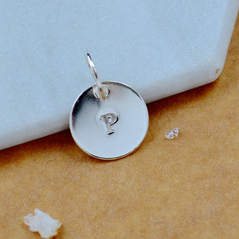 LETTER CHARM, capital P initial charms, handmade alphabet circle charm, P letter pendant, simple jewelry, delicate handmade charms, nickel-free jewelry, silver letter charm