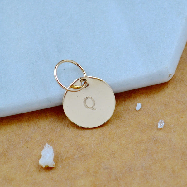 LETTER CHARM, capital Q initial charms, handmade alphabet circle charm, Q letter pendant, simple jewelry, delicate handmade charms, nickel-free jewelry, gold letter charm