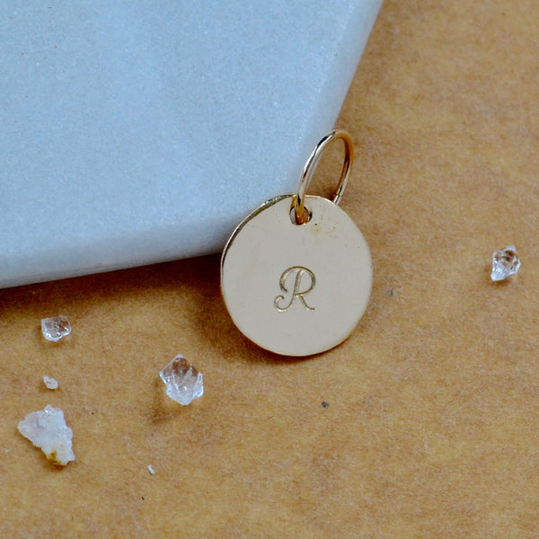 LETTER CHARM, capital R initial charms, handmade alphabet circle charm, cursive R letter pendant, simple jewelry, delicate handmade charm jewelry, nickel-free charms, gold letter charm