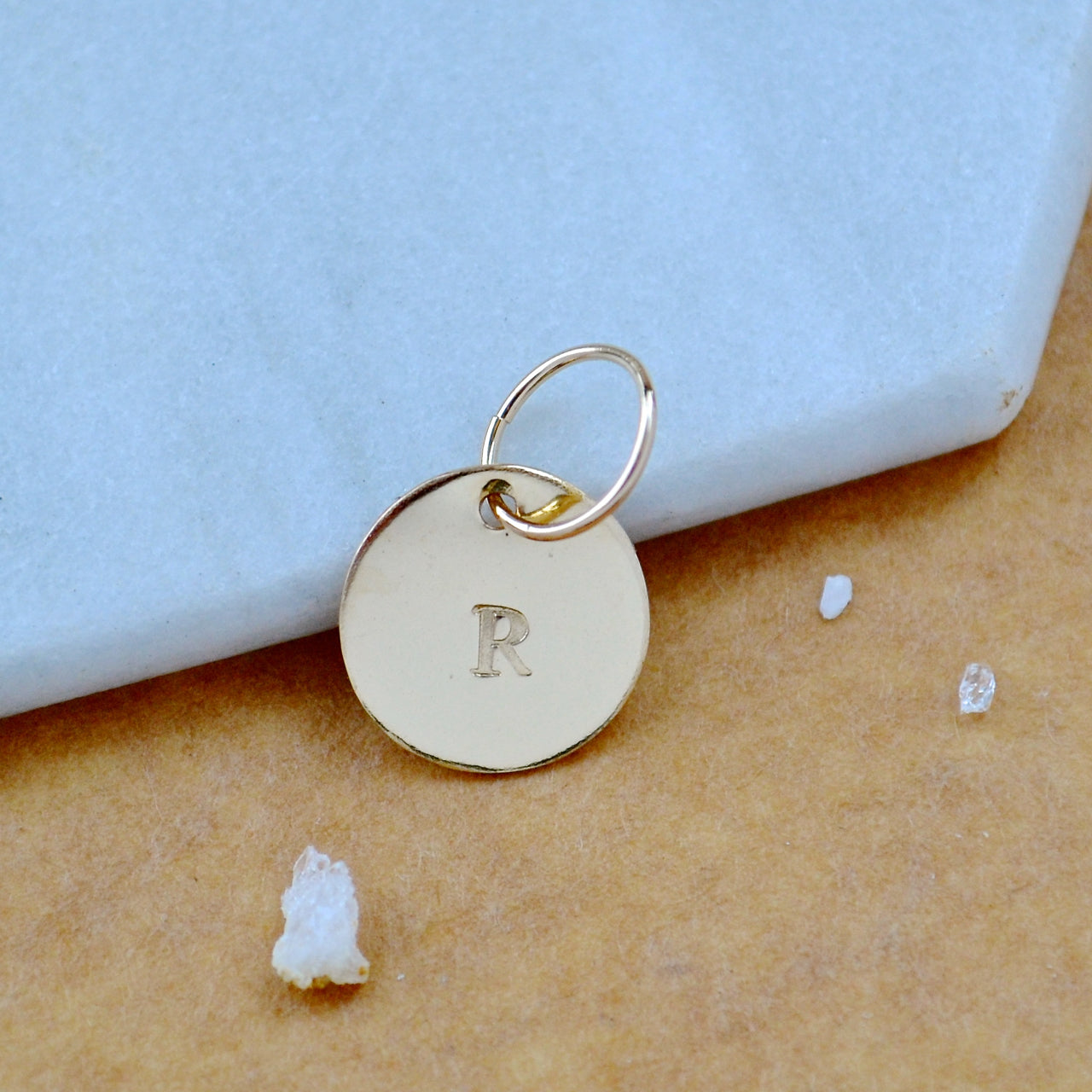 LETTER CHARM, capital R initial charms, handmade alphabet circle charm, R letter pendant, simple jewelry, delicate handmade charms, nickel-free jewelry, gold letter charm