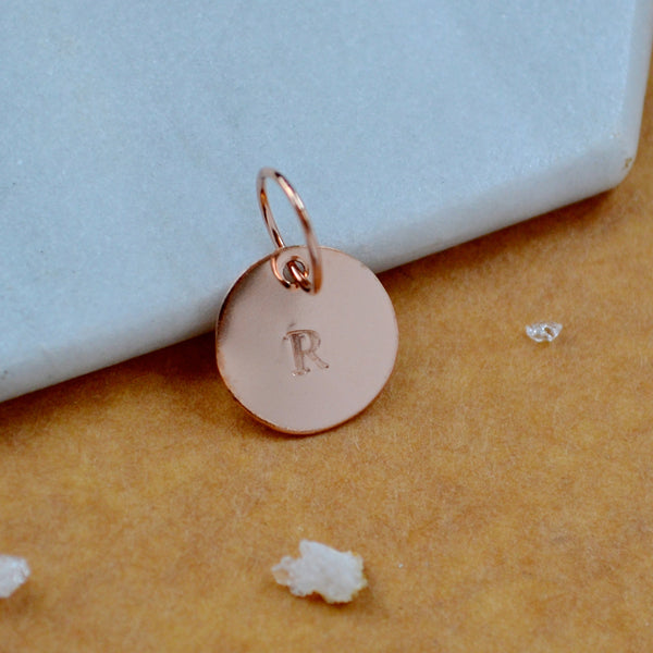 LETTER CHARM, capital R initial charms, handmade alphabet circle charm, R letter pendant, simple jewelry, delicate handmade charms, nickel-free jewelry, rose gold letter charm
