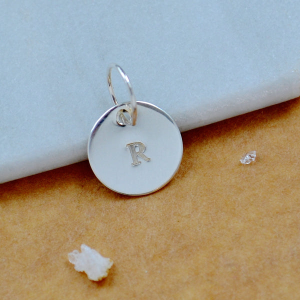 LETTER CHARM, capital R initial charms, handmade alphabet circle charm, R letter pendant, simple jewelry, delicate handmade charms, nickel-free jewelry, silver letter charm