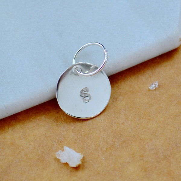 LETTER CHARM, capital S initial charms, handmade alphabet circle charm, S letter pendant, simple jewelry, delicate handmade charms, nickel-free jewelry, silver letter charm