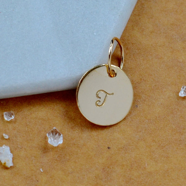LETTER CHARM, capital T initial charms, handmade alphabet circle charm, cursive T letter pendant, simple jewelry, delicate handmade charm jewelry, nickel-free charms, gold letter charm