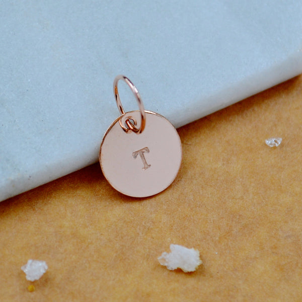 LETTER CHARM, capital T initial charms, handmade alphabet circle charm, T letter pendant, simple jewelry, delicate handmade charms, nickel-free jewelry, rose gold letter charm