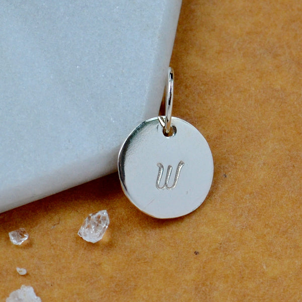 LETTER CHARM, capital W initial charms, handmade alphabet circle charm, cursive W letter pendant, simple jewelry, delicate handmade charm jewelry, nickel-free charms, silver letter charm