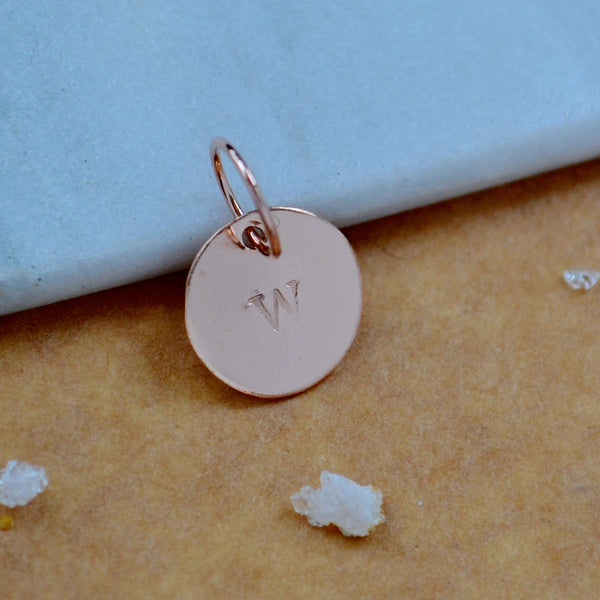 LETTER CHARM, capital W initial charms, handmade alphabet circle charm, W letter pendant, simple jewelry, delicate handmade charms, nickel-free jewelry, rose gold letter charm