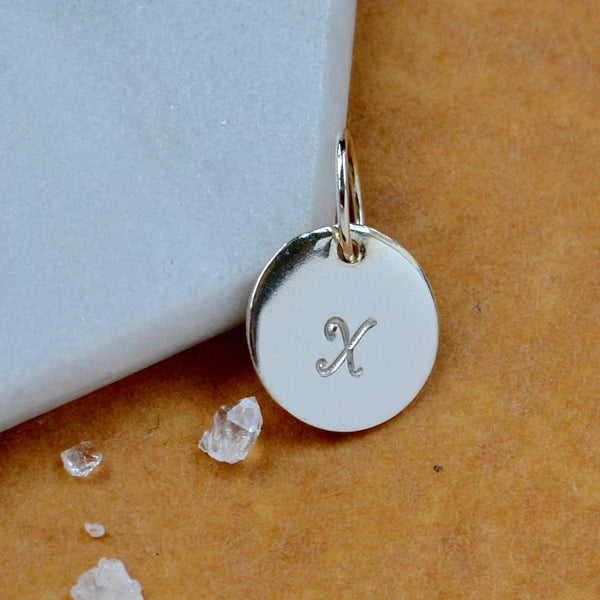 LETTER CHARM, capital X initial charms, handmade alphabet circle charm, cursive X letter pendant, simple jewelry, delicate handmade charm jewelry, nickel-free charms, silver letter charm