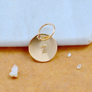LETTER CHARM, capital Z initial charms, handmade alphabet circle charm, Z letter pendant, simple jewelry, delicate handmade charms, nickel-free jewelry, gold letter charm
