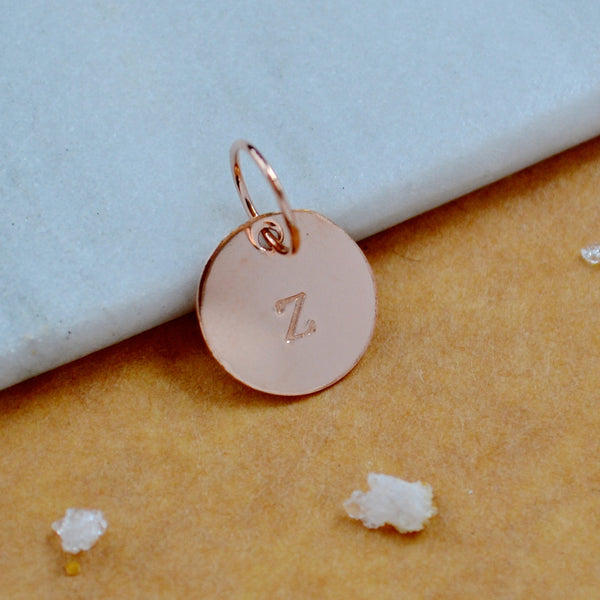 LETTER CHARM, capital Z initial charms, handmade alphabet circle charm, Z letter pendant, simple jewelry, delicate handmade charms, nickel-free jewelry, rose gold letter charm