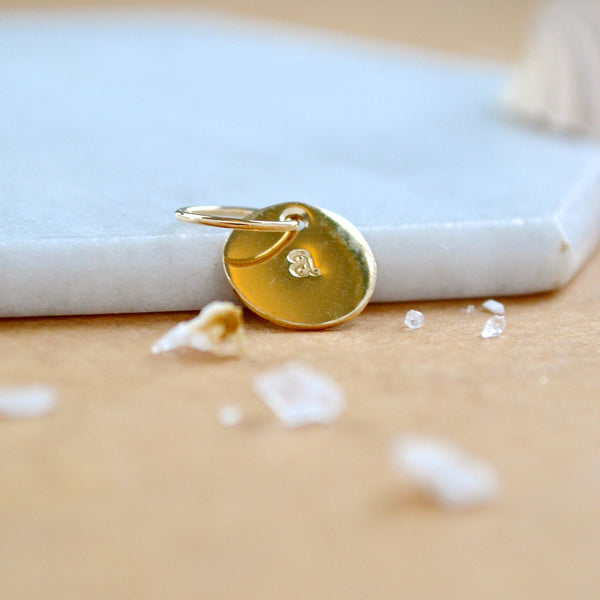LETTER CHARM, lowercase a intitial charms, handmade alphabet circle charm, gold a letter pendant, simple jewelry, delicate handmade charm jewelry, nickel-free charms, sustainable jewelry