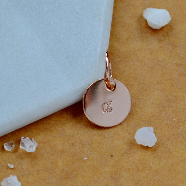 LETTER CHARM, lowercase d initial charms, handmade alphabet circle charm, cursive d letter pendant, simple jewelry, delicate handmade charm jewelry, sustainable rose gold