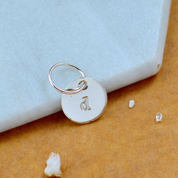 LETTER CHARM, lowercase d initial charms, handmade alphabet circle charm, a letter pendant, simple jewelry, delicate handmade charms, silver