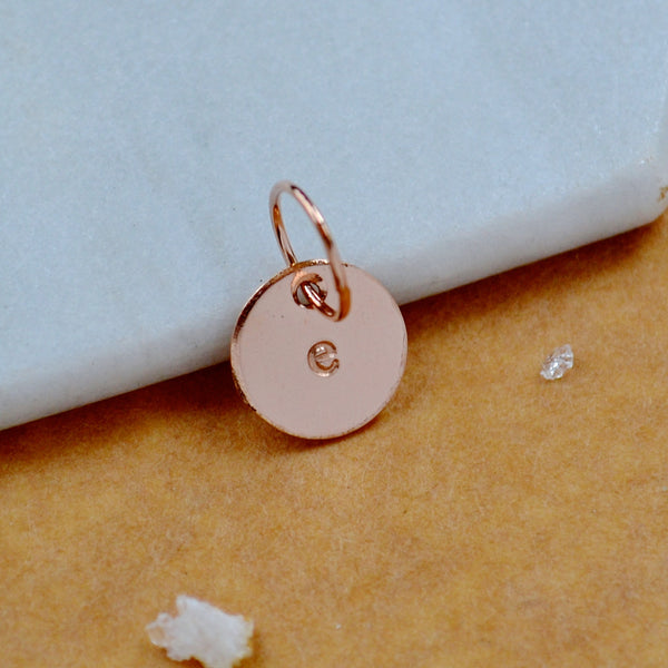 LETTER CHARM, lowercase e initial charms, handmade alphabet circle charm, e letter pendant, simple jewelry, delicate handmade charms, affordable rose gold