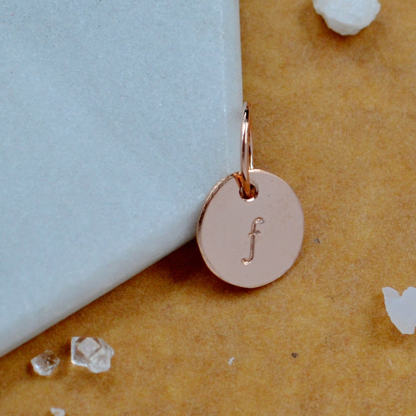 LETTER CHARM, lowercase F initial charms, handmade alphabet circle charm, cursive F letter pendant, simple jewelry, delicate handmade charm jewelry, nickel-free charms, rose gold letter charm