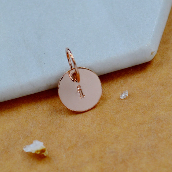 LETTER CHARM, lowercase i initial charms, handmade alphabet circle charm, i letter pendant, simple jewelry, delicate handmade charms, rose gold letter charm