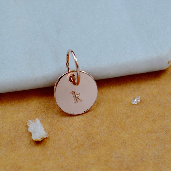 LETTER CHARM, lowercase k initial charms, handmade alphabet circle charm, k letter pendant, simple jewelry, delicate handmade charms, rose gold letter charm