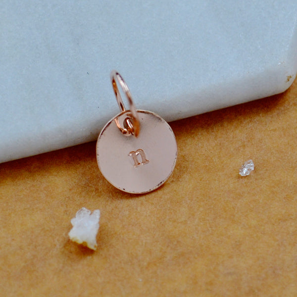LETTER CHARM, lowercase n initial charms, handmade alphabet circle charm, n letter pendant, simple jewelry, delicate handmade charms, rose gold letter charm