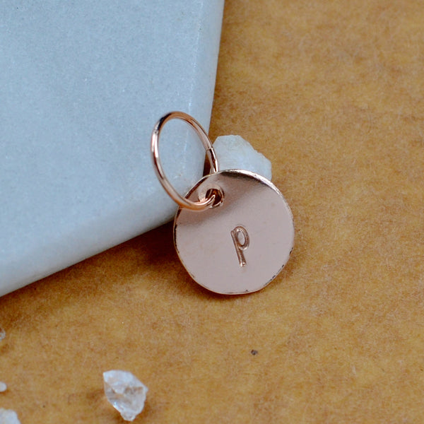 LETTER CHARM, lowercase p initial charms, handmade alphabet circle charm, cursive p letter pendant, simple jewelry, delicate handmade charm jewelry, nickel-free charms, rose gold letter charm