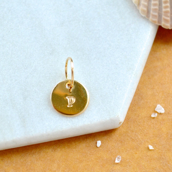 LETTER CHARM, lowercase p initial charms, handmade alphabet circle charm, p letter pendant, simple jewelry, delicate handmade charms, gold letter charm