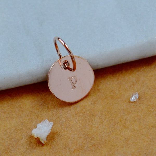 LETTER CHARM, lowercase p initial charms, handmade alphabet circle charm, p letter pendant, simple jewelry, delicate handmade charms, rose gold letter charm