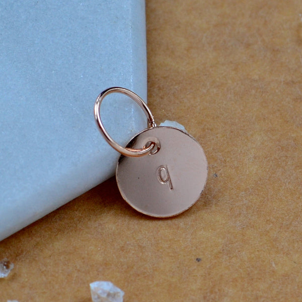 LETTER CHARM, lowercase q initial charms, handmade alphabet circle charm, cursive q letter pendant, simple jewelry, delicate handmade charm jewelry, nickel-free charms, rose gold letter charm