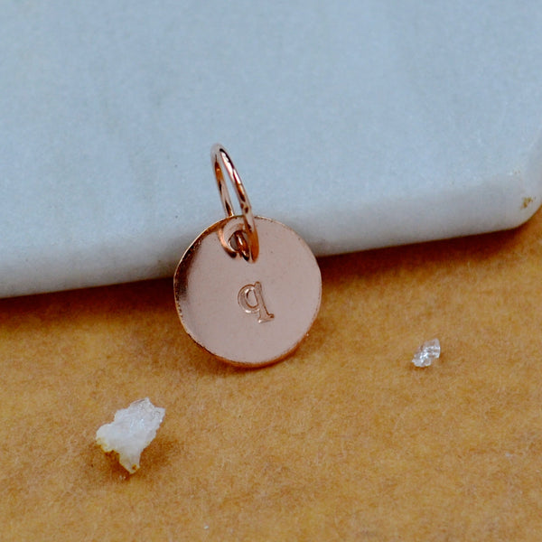 LETTER CHARM, lowercase q initial charms, handmade alphabet circle charm, q letter pendant, simple jewelry, delicate handmade charms, rose gold letter charm