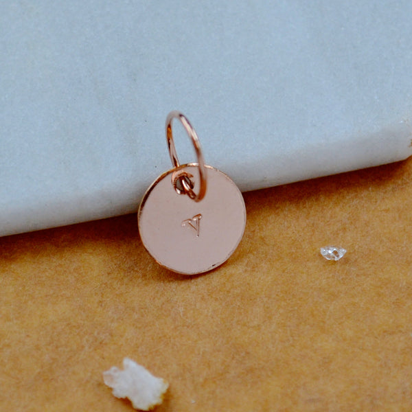LETTER CHARM, lowercase v initial charms, handmade alphabet circle charm, v letter pendant, simple jewelry, delicate handmade charms, rose gold letter charm