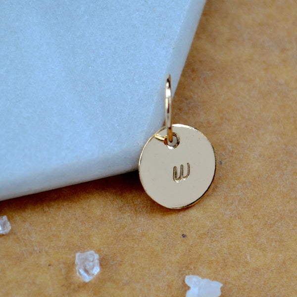 LETTER CHARM, lowercase w initial charms, handmade alphabet circle charm, cursive w letter pendant, simple jewelry, delicate handmade charm jewelry, nickel-free charms, gold letter charm