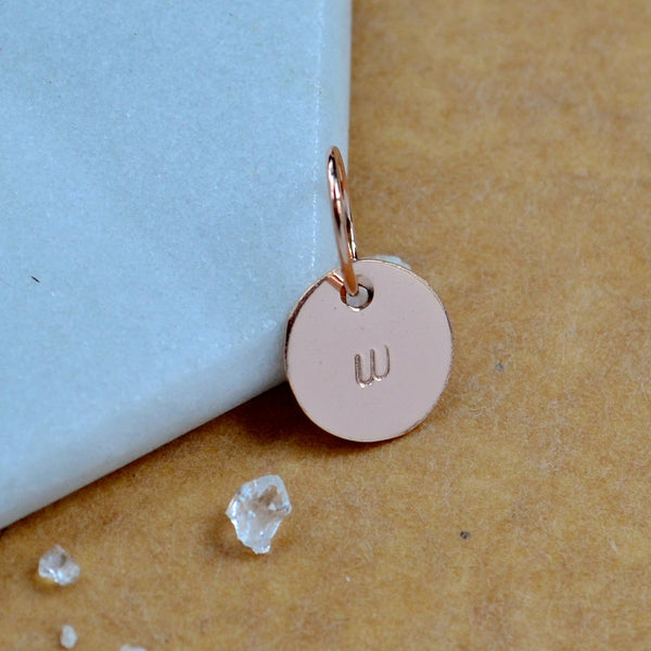 LETTER CHARM, lowercase w initial charms, handmade alphabet circle charm, cursive w letter pendant, simple jewelry, delicate handmade charm jewelry, nickel-free charms, rose gold letter charm