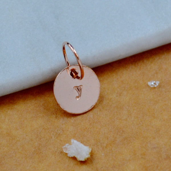 LETTER CHARM, lowercase y initial charms, handmade alphabet circle charm, y letter pendant, simple jewelry, delicate handmade charms, rose gold letter charm