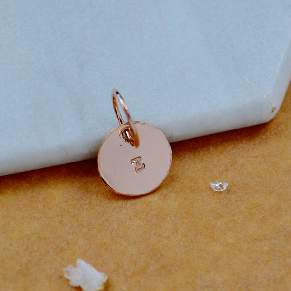 LETTER CHARM, lowercase z initial charms, handmade alphabet circle charm, z letter pendant, simple jewelry, delicate handmade charms, rose gold letter charm