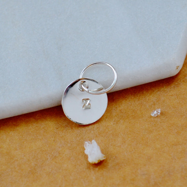 LETTER CHARM, lowercase z initial charms, handmade alphabet circle charm, z letter pendant, simple jewelry, delicate handmade charms, silver letter charm