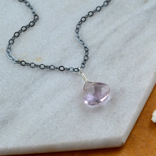 Pink sky necklace pink amethyst gemstone necklace handmade gem pendant pale pink stone necklace simple gem charm pink amethyst black silver necklace sustainable jewelry