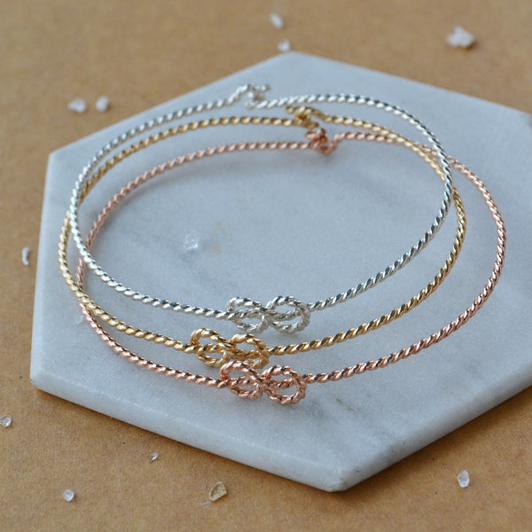 Sailor's Knot Bangle Bracelets handmade rope knot bangles sailing knots nautical jewelry bridesmaid gifts rose gold filled sterling silver inclusive sizes plus sizes