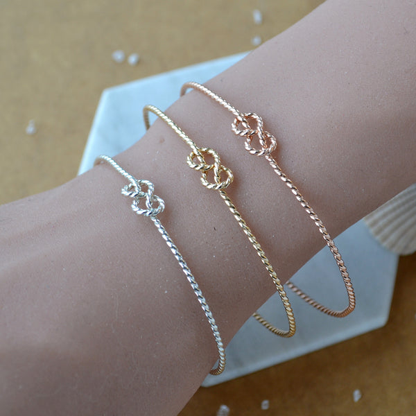 Sailor's Knot Bangle Bracelets handmade rope knot bangles sailing knots nautical jewelry bridesmaid gifts rose gold filled sterling silver inclusive sizes plus sizes on wrist