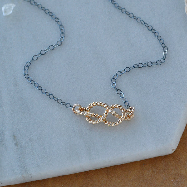 Sailor's Knot Necklace rope knot charm pendant necklaces handmade jewelry boating knot infinity knot charms nickel free mixed metal black oxidized sterling silver gold filled